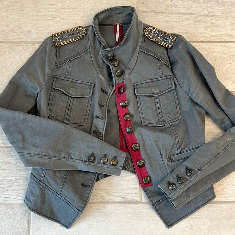 Gray Military Style Jacket with Embellished Shoulders